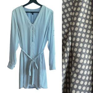 Express Shift Dress Size L Grey White Polka Dot Long Sleeves Belt Pockets‎